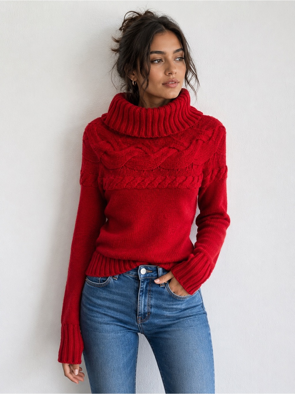 LOFT Red Cable-Knit Turtleneck Sweater